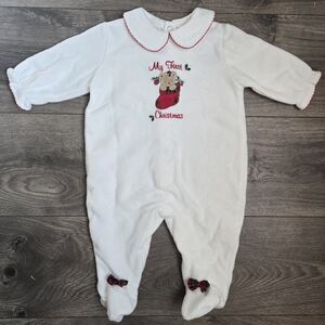Vintage 90s Bright Future 0-3M My First Christmas Fleece Sleeper Footie Bear Y2K